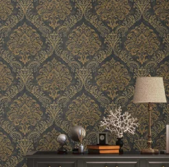 Vliestapete Damast Motiv Metallic Schwarz Gold 39112-3