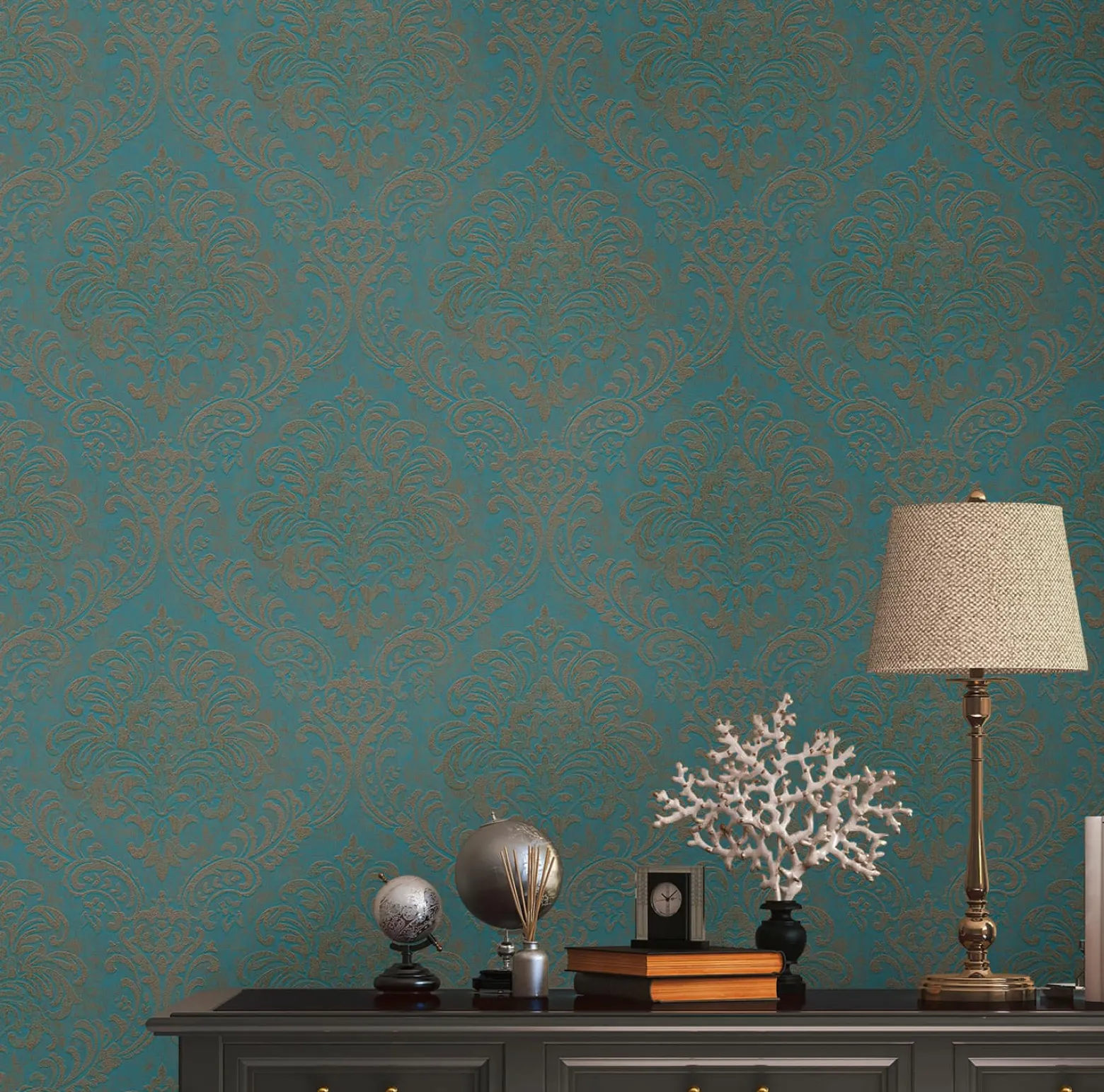 Vliestapete Damast Motiv Metallic Petrol Bronze 39112-4