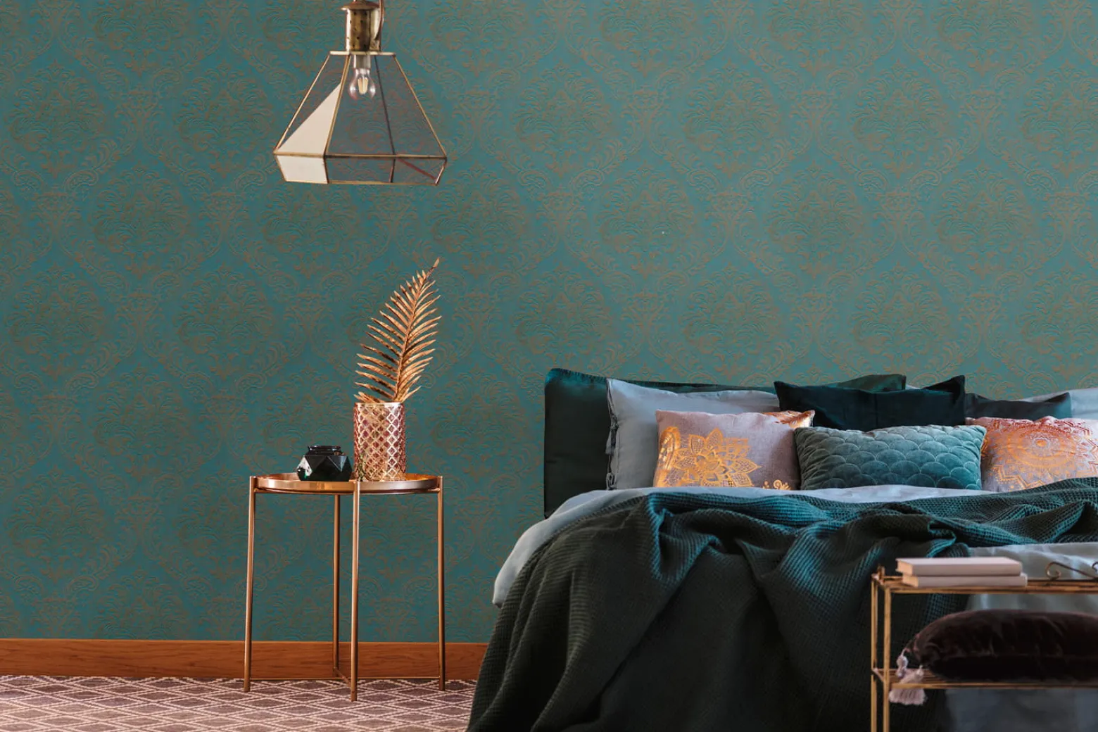 Vliestapete Damast Motiv Metallic Petrol Bronze 39112-4