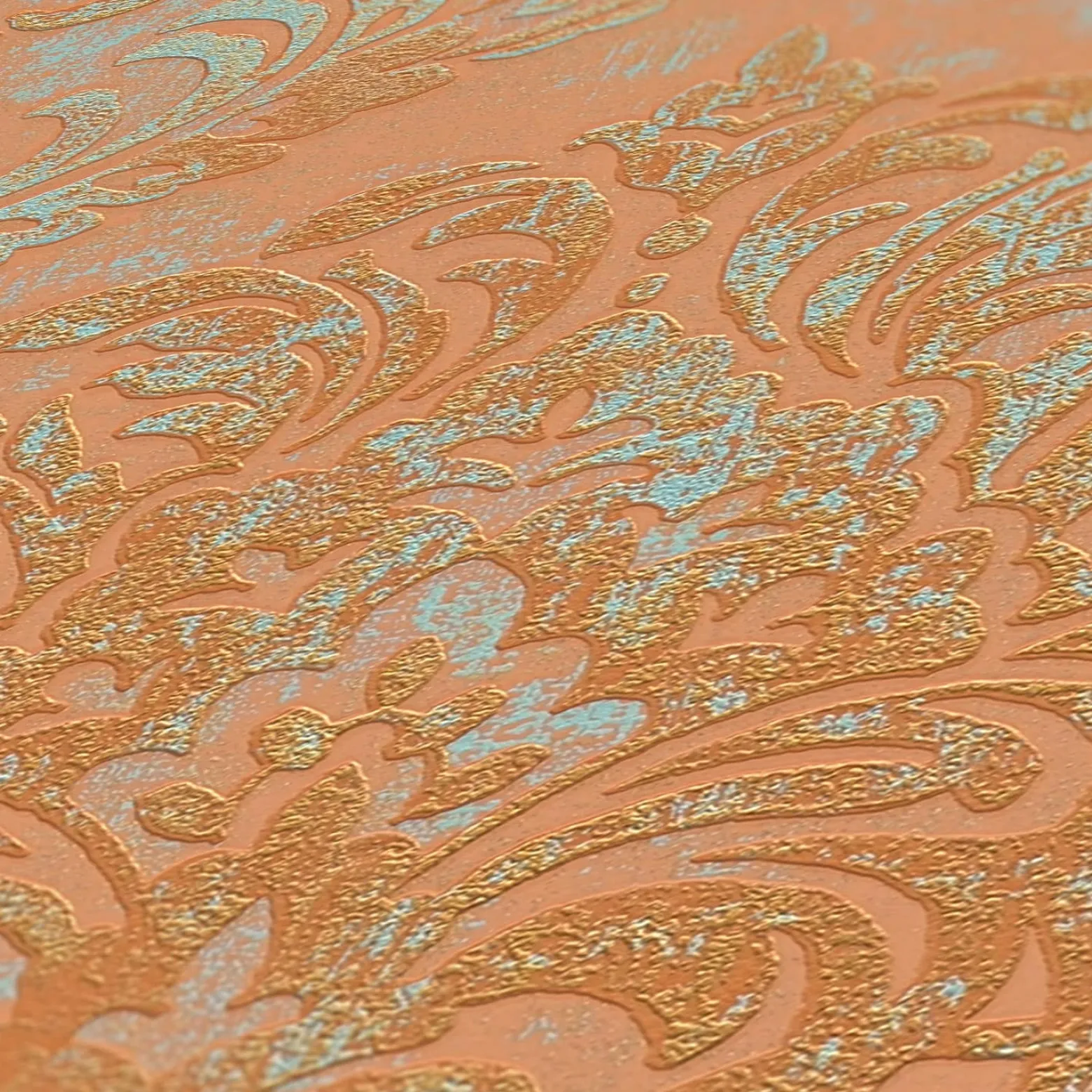 Vliestapete Damast Motiv Orange Grün Metallic 39112-1