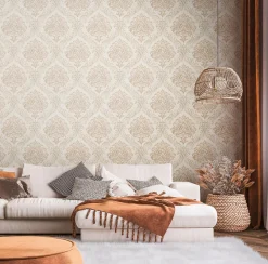 Vliestapete Damast Motiv Weiß Gold Metallic 39112-5