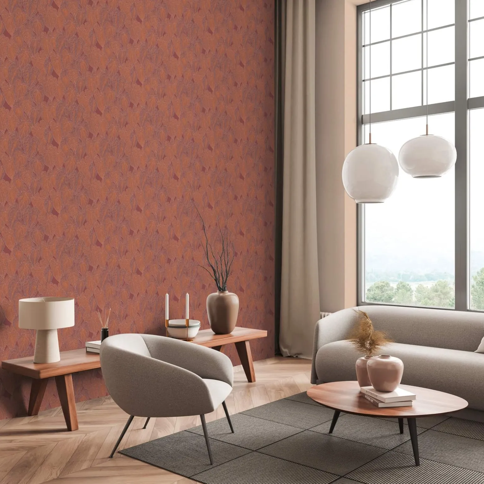 Vliestapete Daniel Hechter Blätter Orange Bronze Metallic