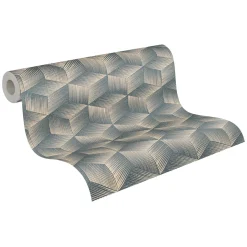 Vliestapete 3D-Optik Würfel Beige Blau Metallic 38506-3