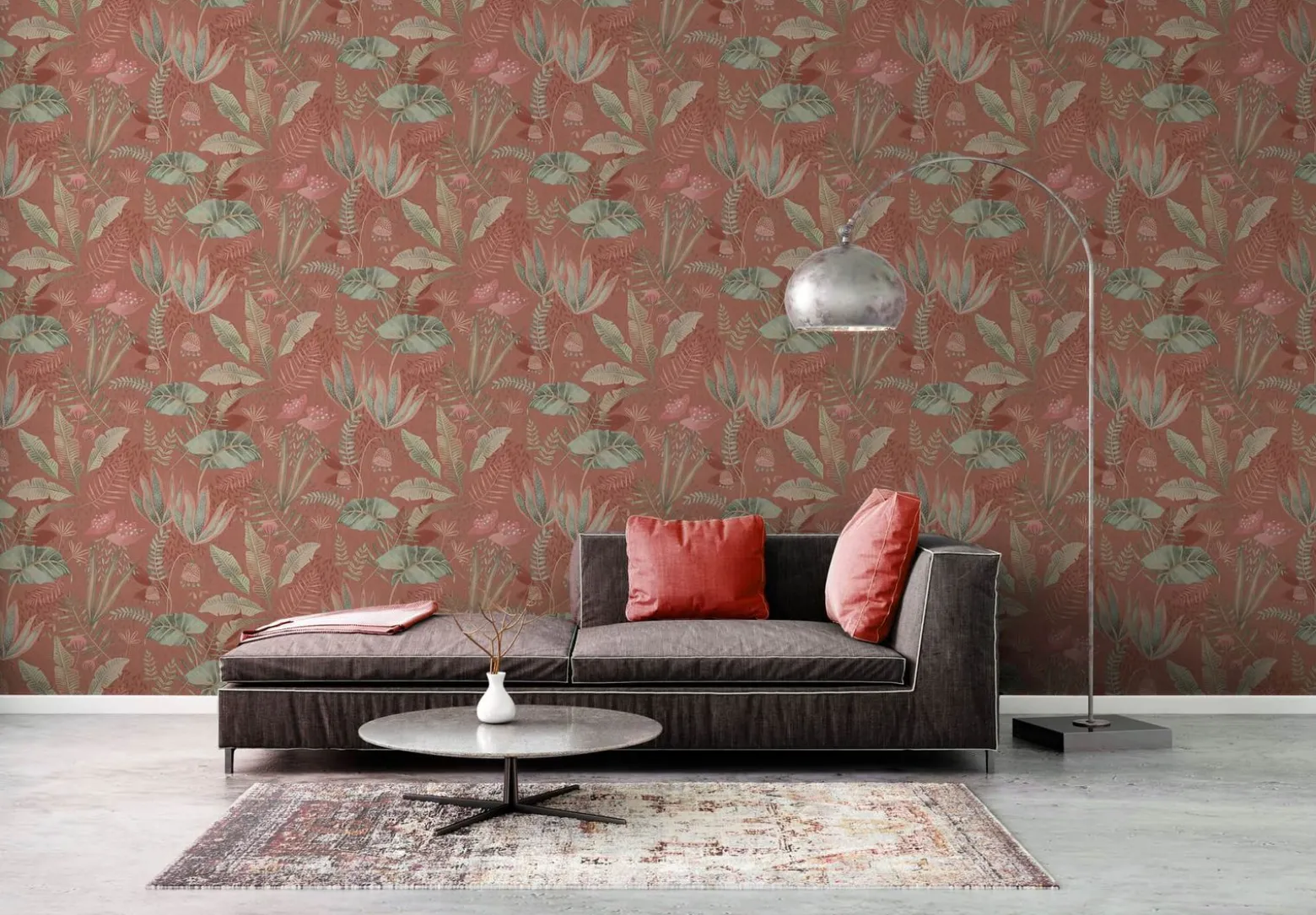 Vliestapete Dschungel Aquarell Rot Orange Grün 39348-2