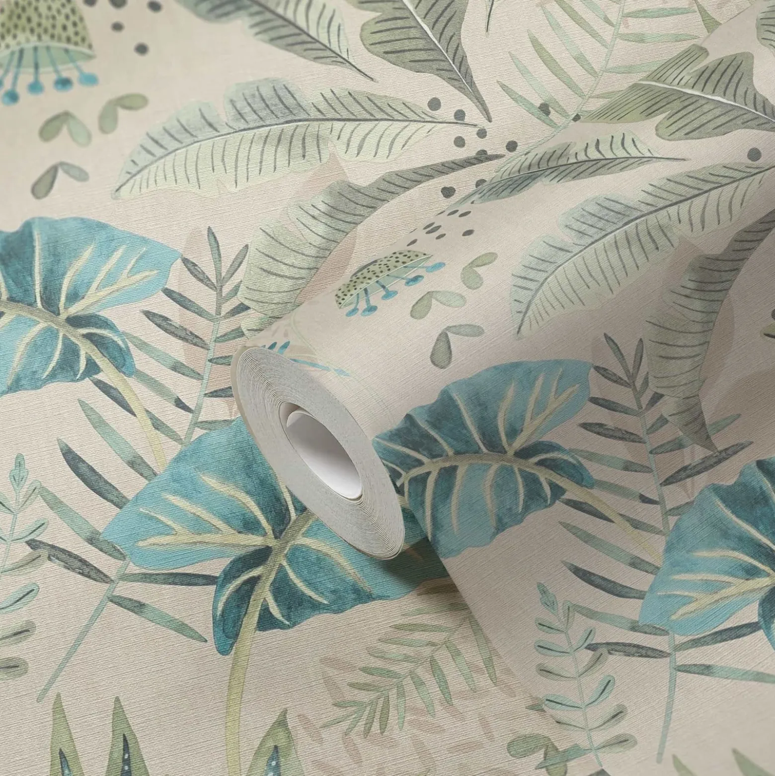 Vliestapete Dschungel Aquarell Beige Grün Blau 39348-4