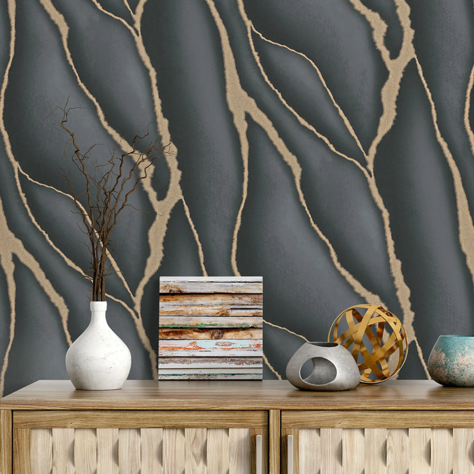 Vliestapete Elle Marmoroptik Schwarz Gold 10345-15