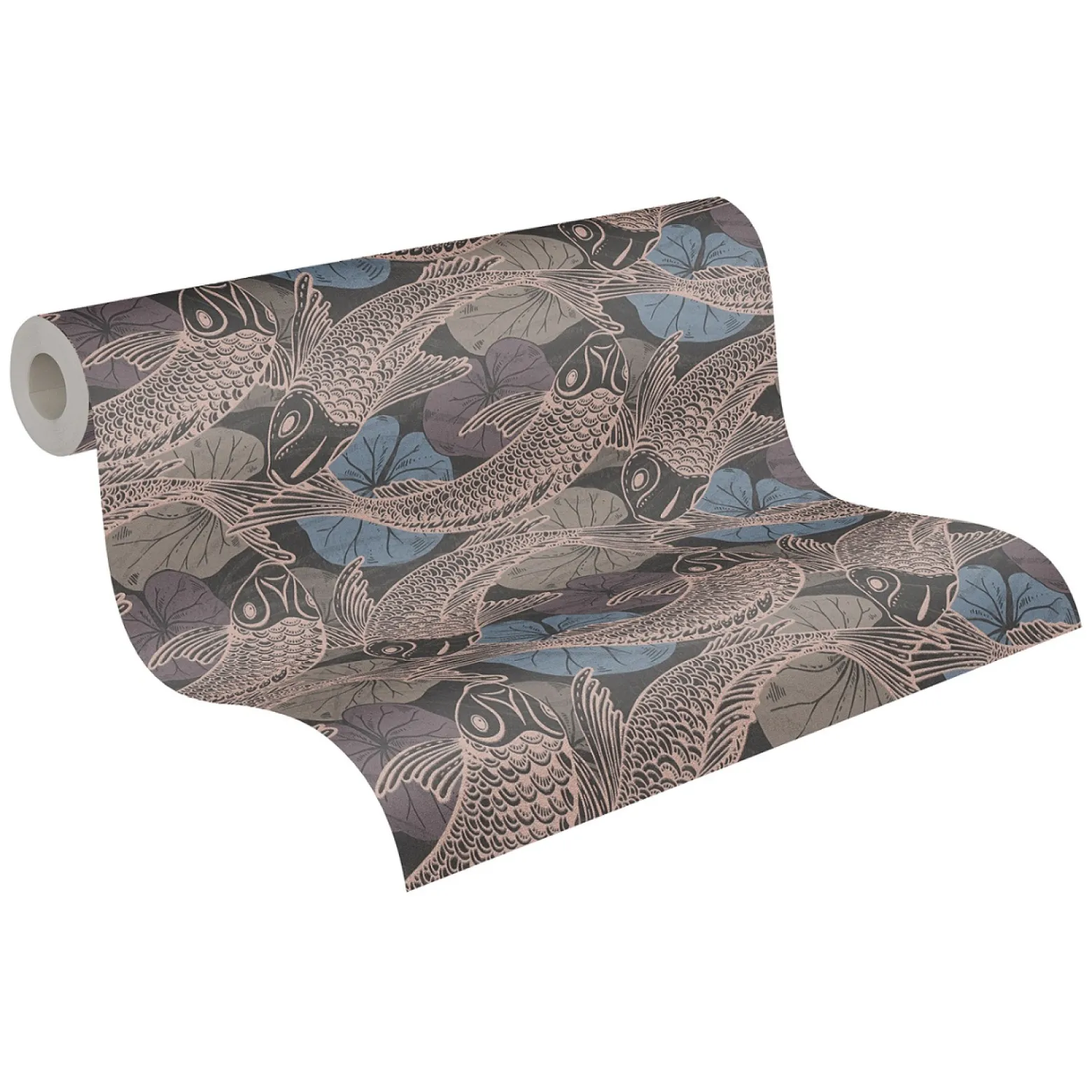Vliestapete Fische Blätter blau kupfer Metallic 37859-4