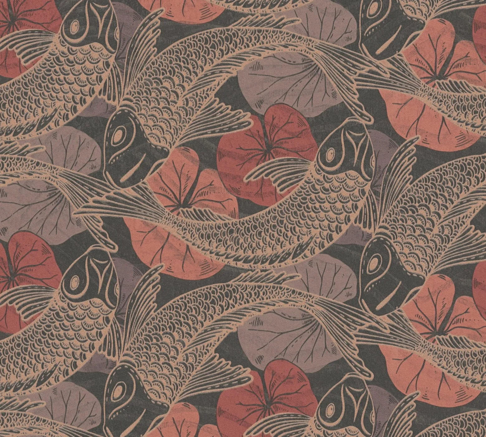 Vliestapete Fische Blätter braun rot Metallic 37859-5