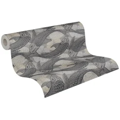 Vliestapete Fische Blätter grau beige Metallic 37859-3