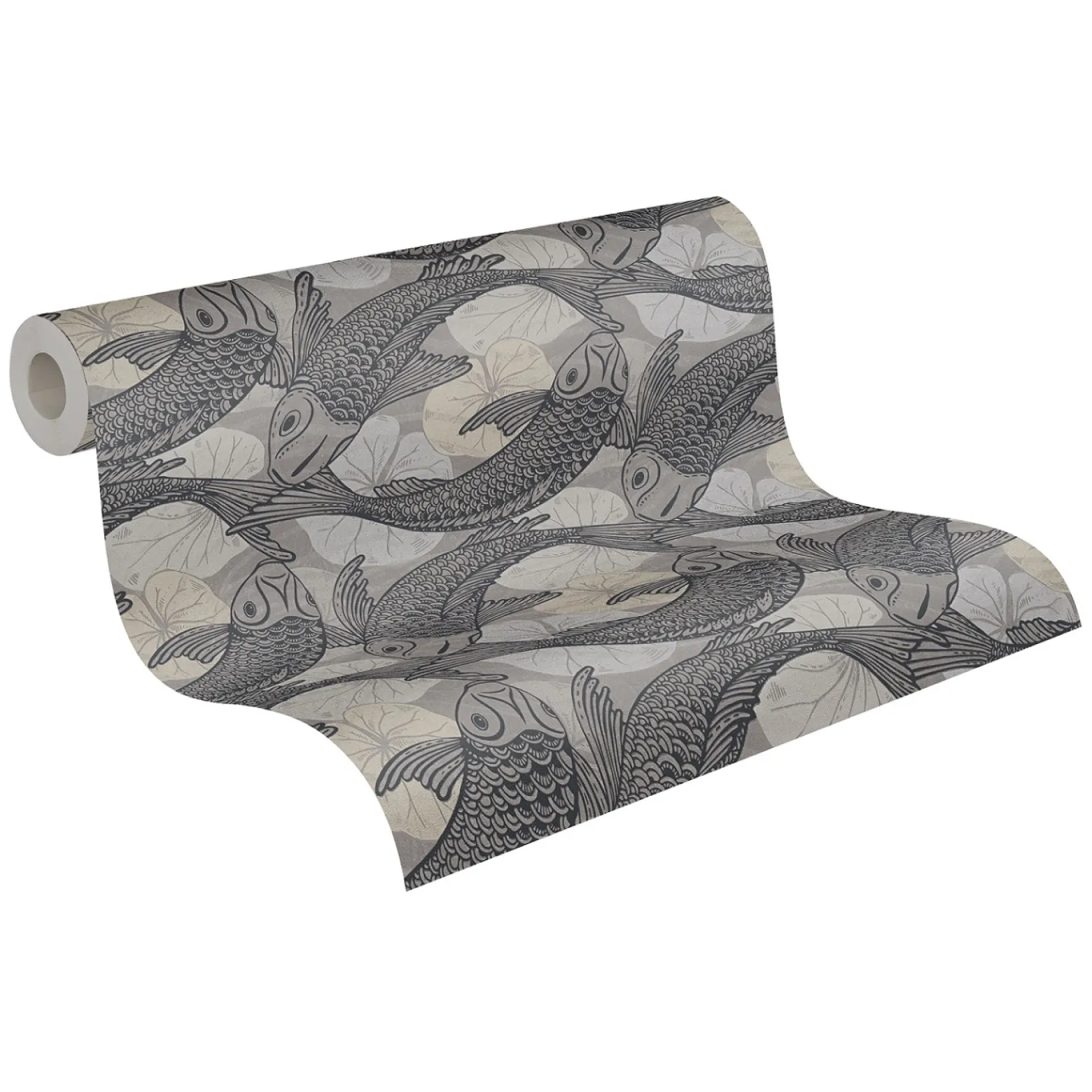 Vliestapete Fische Blätter grau beige Metallic 37859-3