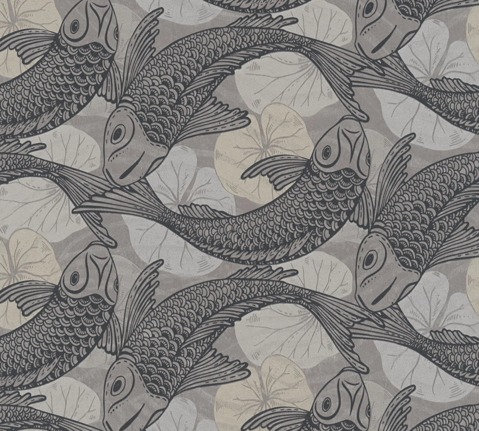 Vliestapete Fische Blätter grau beige Metallic 37859-3