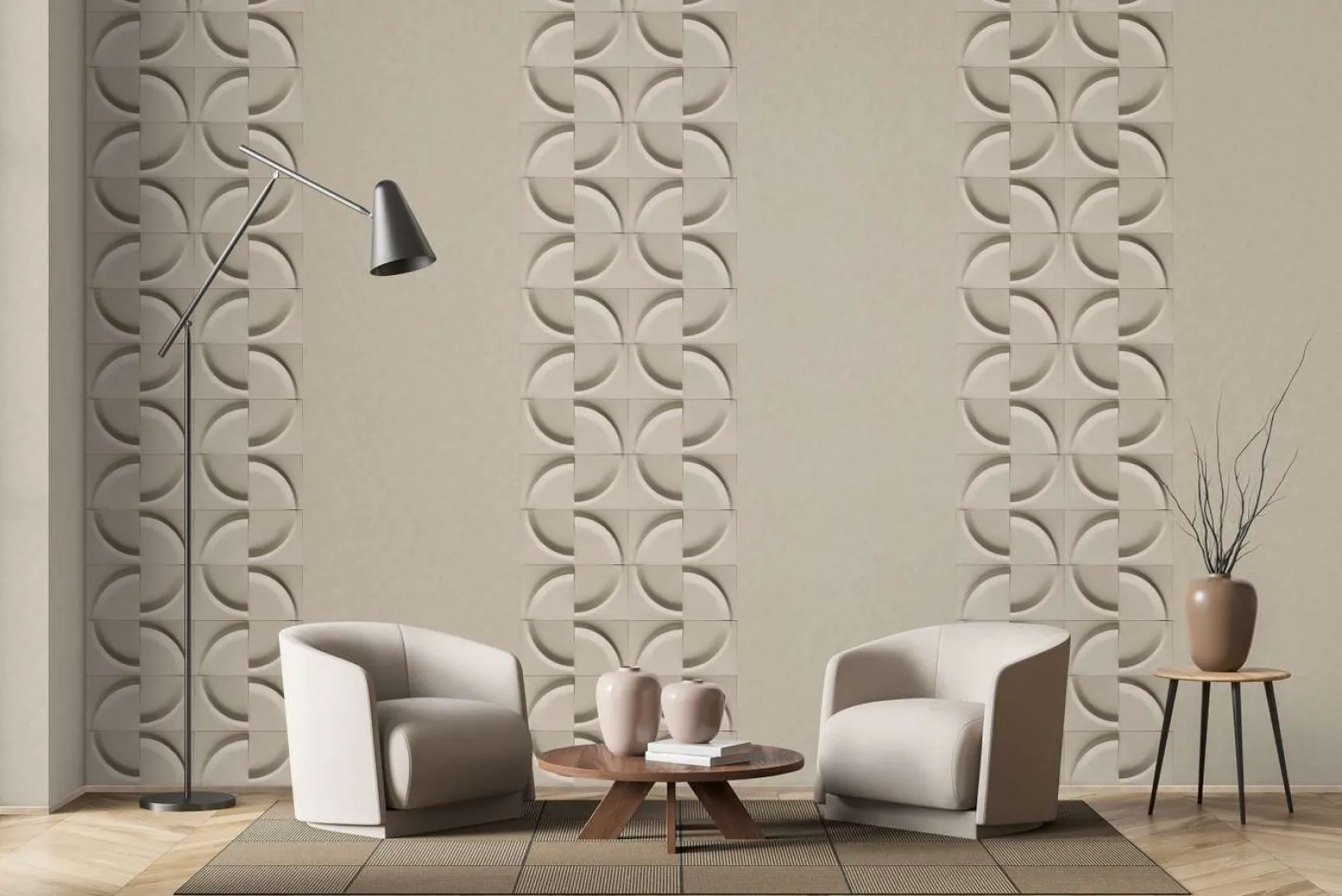 Vliestapete Fliesen 3D Effekt Kreise Grau Beige 34466