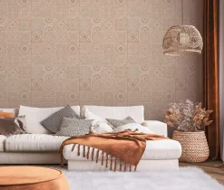 Vliestapete Fliesen Floral Orange Creme Glitzer 38921-3