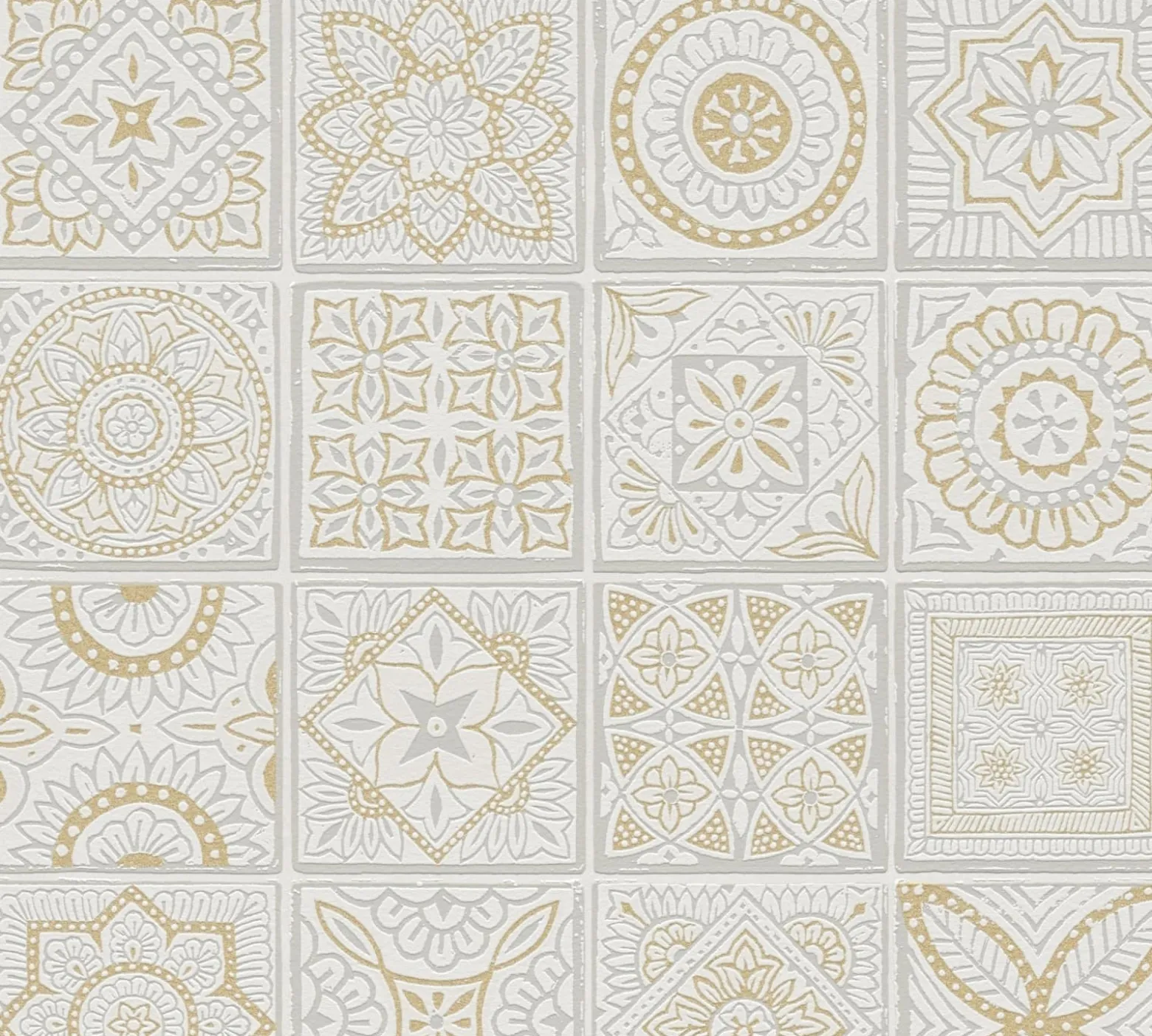 Vliestapete Fliesen Floral Weiß Grau Glitzer 38921-1