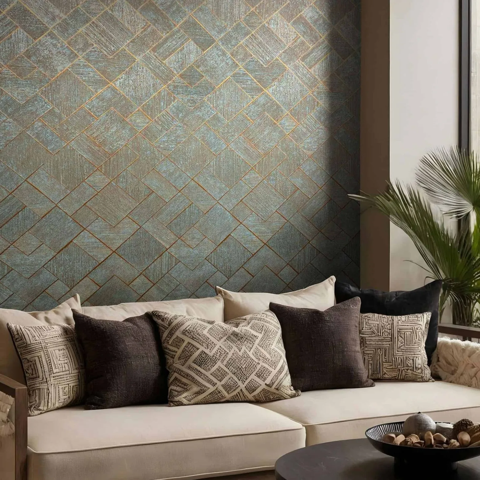 Vliestapete Fliesen Grafisch Blau Kupfer Metallic 35512