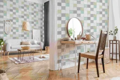 Vliestapete Fliesenspiegel grauweiß beige blau 37406-1