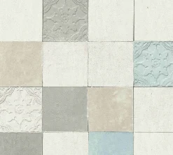Vliestapete Fliesenspiegel grauweiß beige blau 37406-1