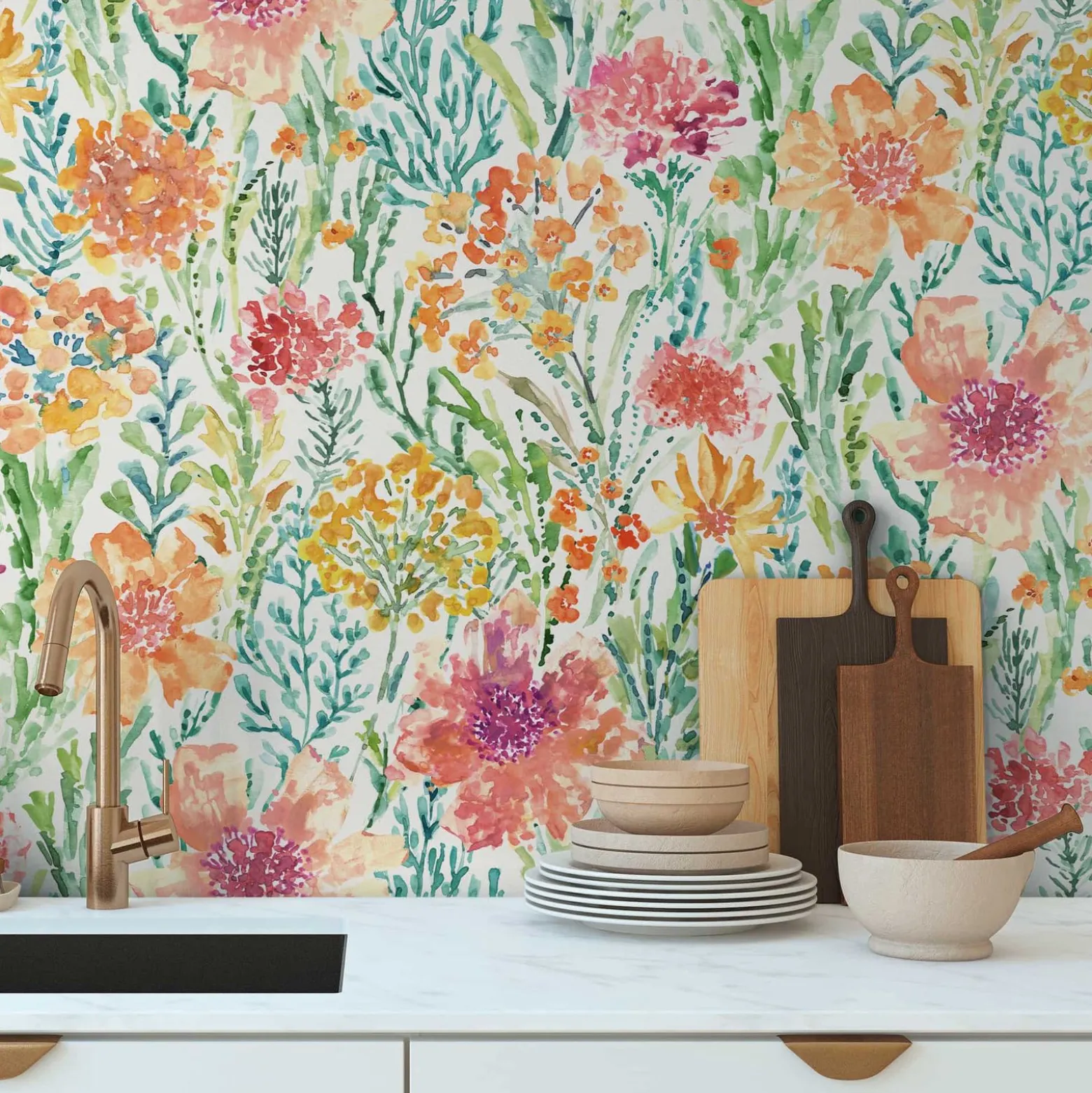 Vliestapete Floral Abstrakt Weiß Grün Orange 39695-1