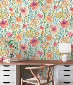 Vliestapete Floral Abstrakt Weiß Grün Orange 39695-1