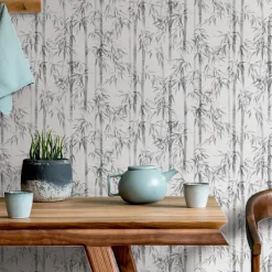 Vliestapete Floral Bambus Blätter Weiß Grau 81673