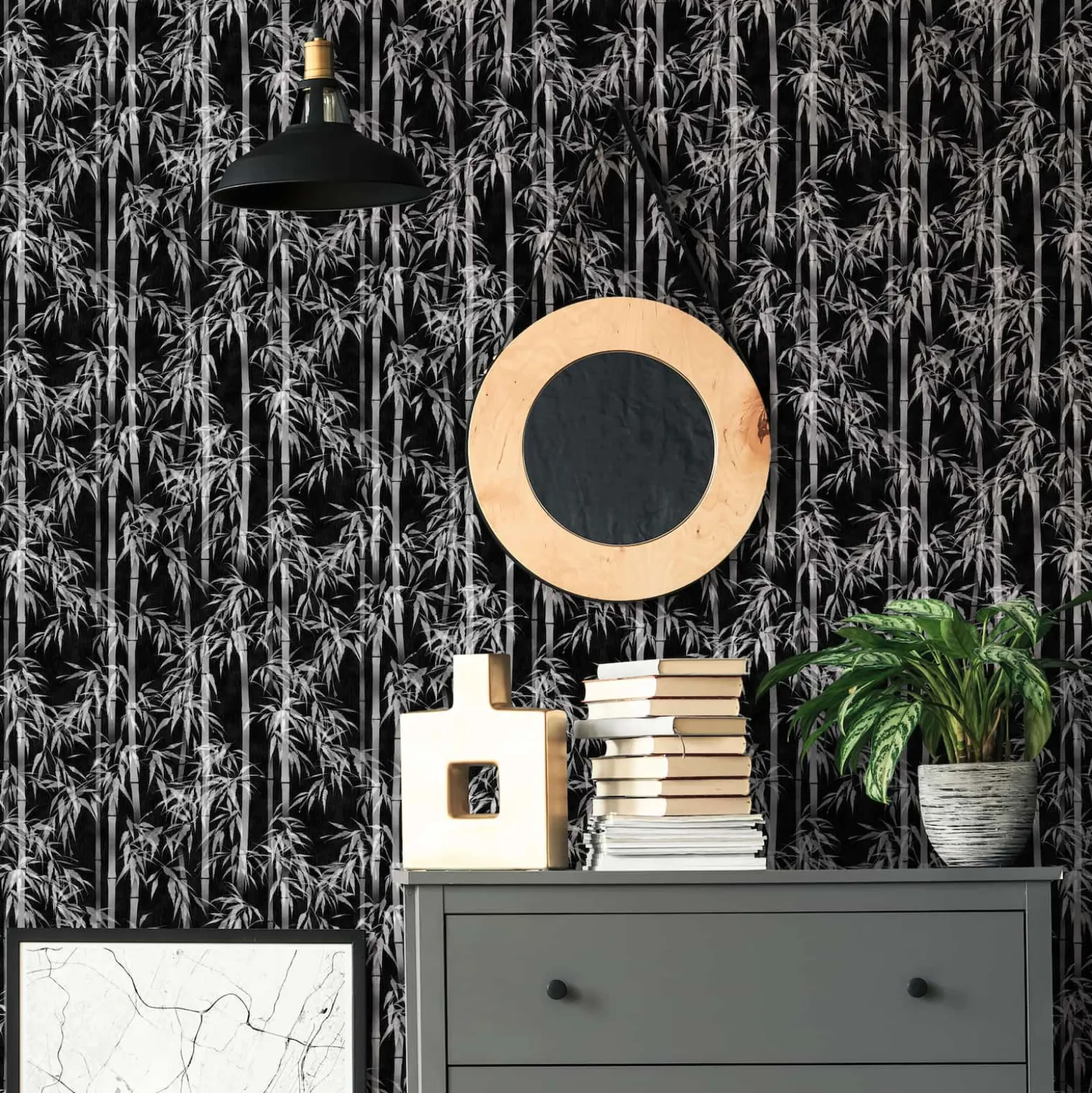 Vliestapete Floral Bambus Blätter Schwarz Grau 81672