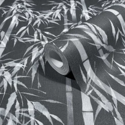 Vliestapete Floral Bambus Blätter Schwarz Grau 81672