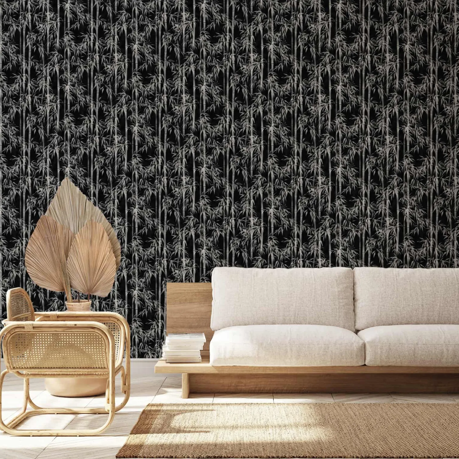 Vliestapete Floral Bambus Blätter Schwarz Grau 81672