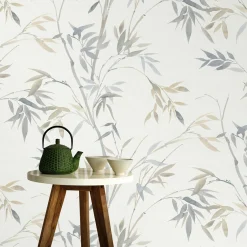 Vliestapete Floral Bambus Motiv Weiß Grau Beige 10388-38