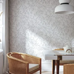 Vliestapete Floral Blattmuster Weiß Grau Metallic 82439
