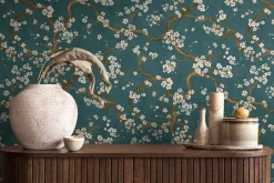 Vliestapete Floral Blütenzweig Blau Gold Metallic 78199-4