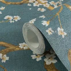 Vliestapete Floral Blütenzweig Blau Gold Metallic 78199-4