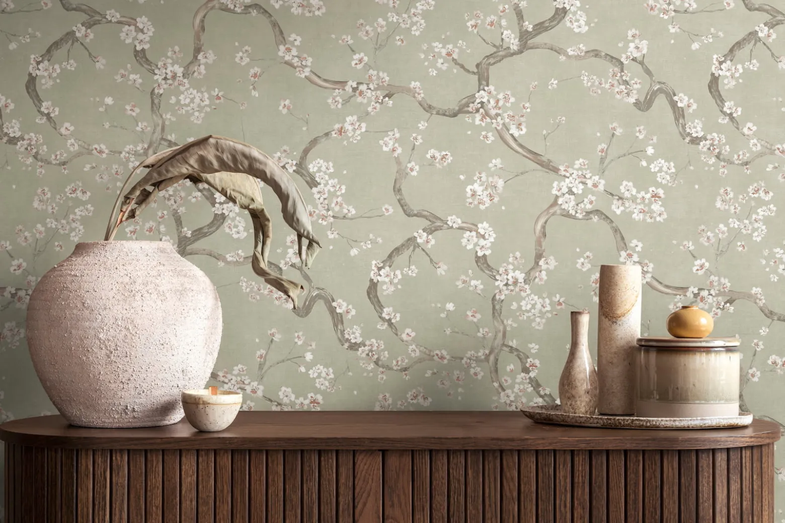 Vliestapete Floral Blütenzweig Grün Grau Weiß 78199-1