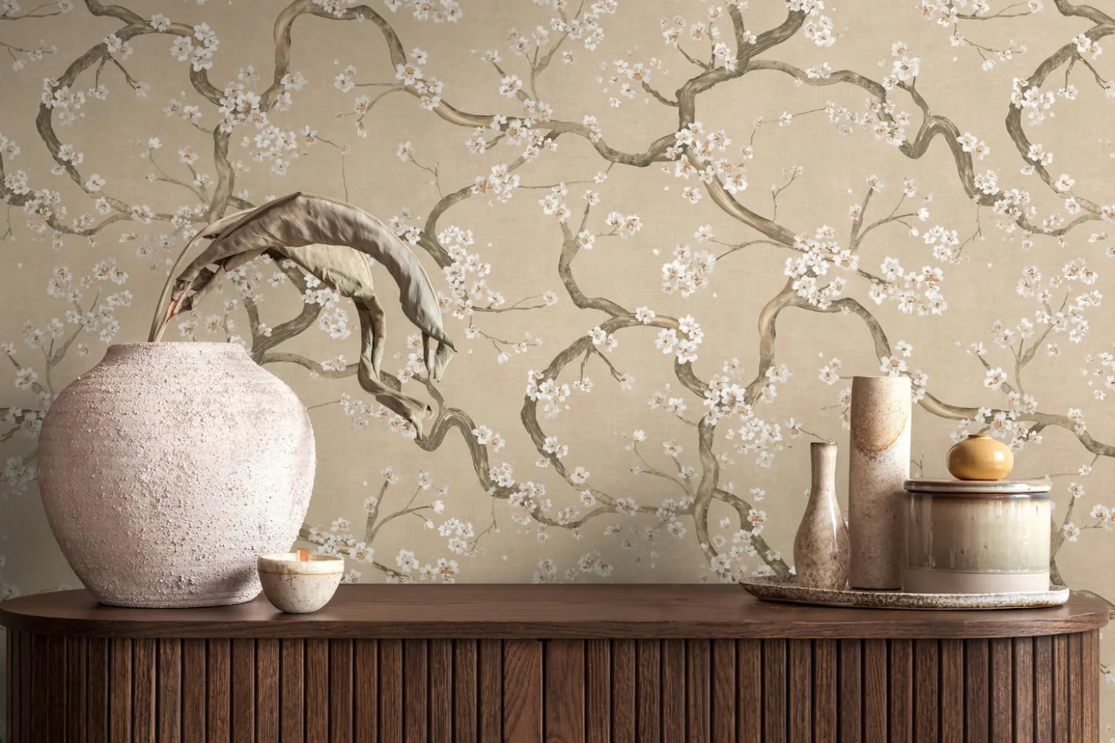 Vliestapete Floral Blütenzweig Beige Creme Metallic 78199-2