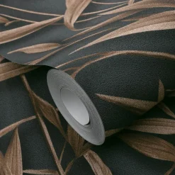 Vliestapete Floral Blätter Anthrazit Braun Glitzer 10587-47