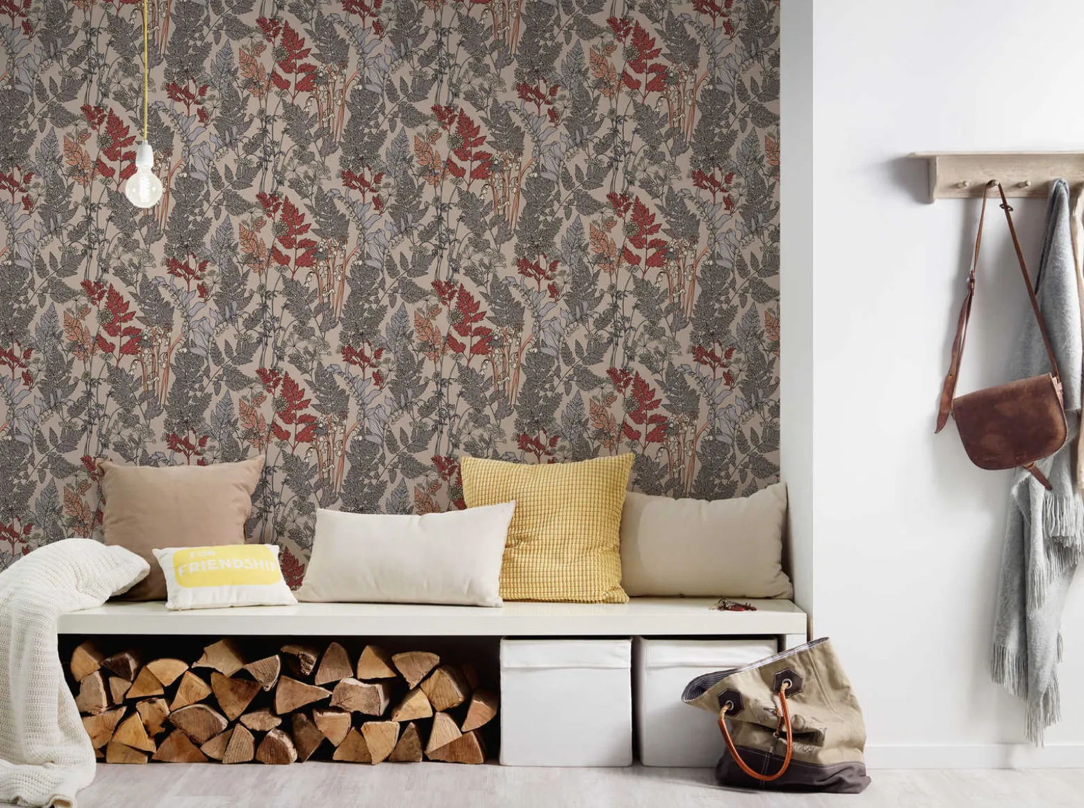 Vliestapete Floral Blätter beige rot grau 37751-2