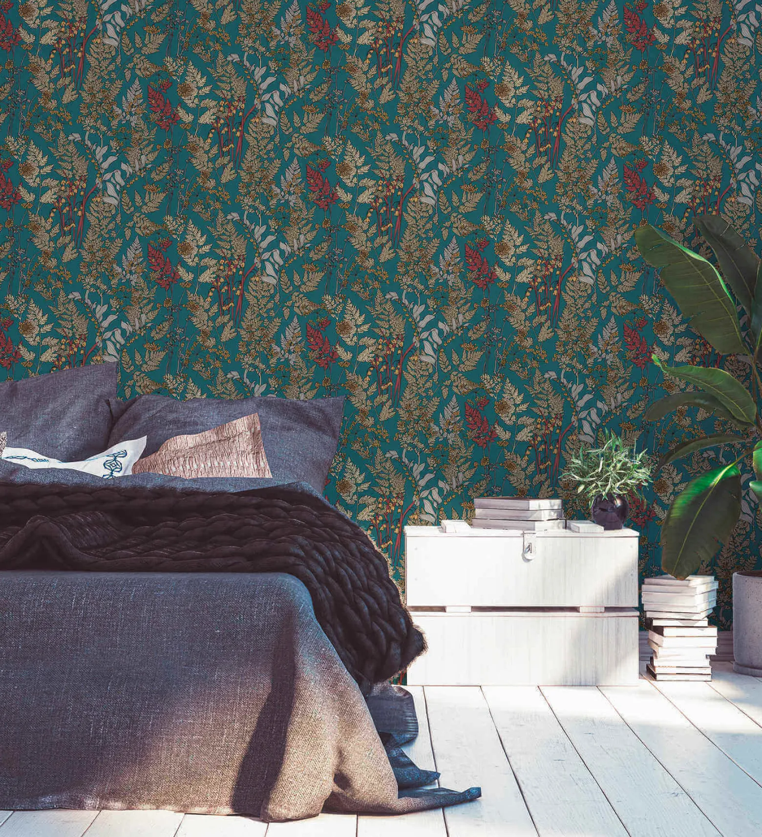 Vliestapete Floral Blätter blau gelb rot 37751-5