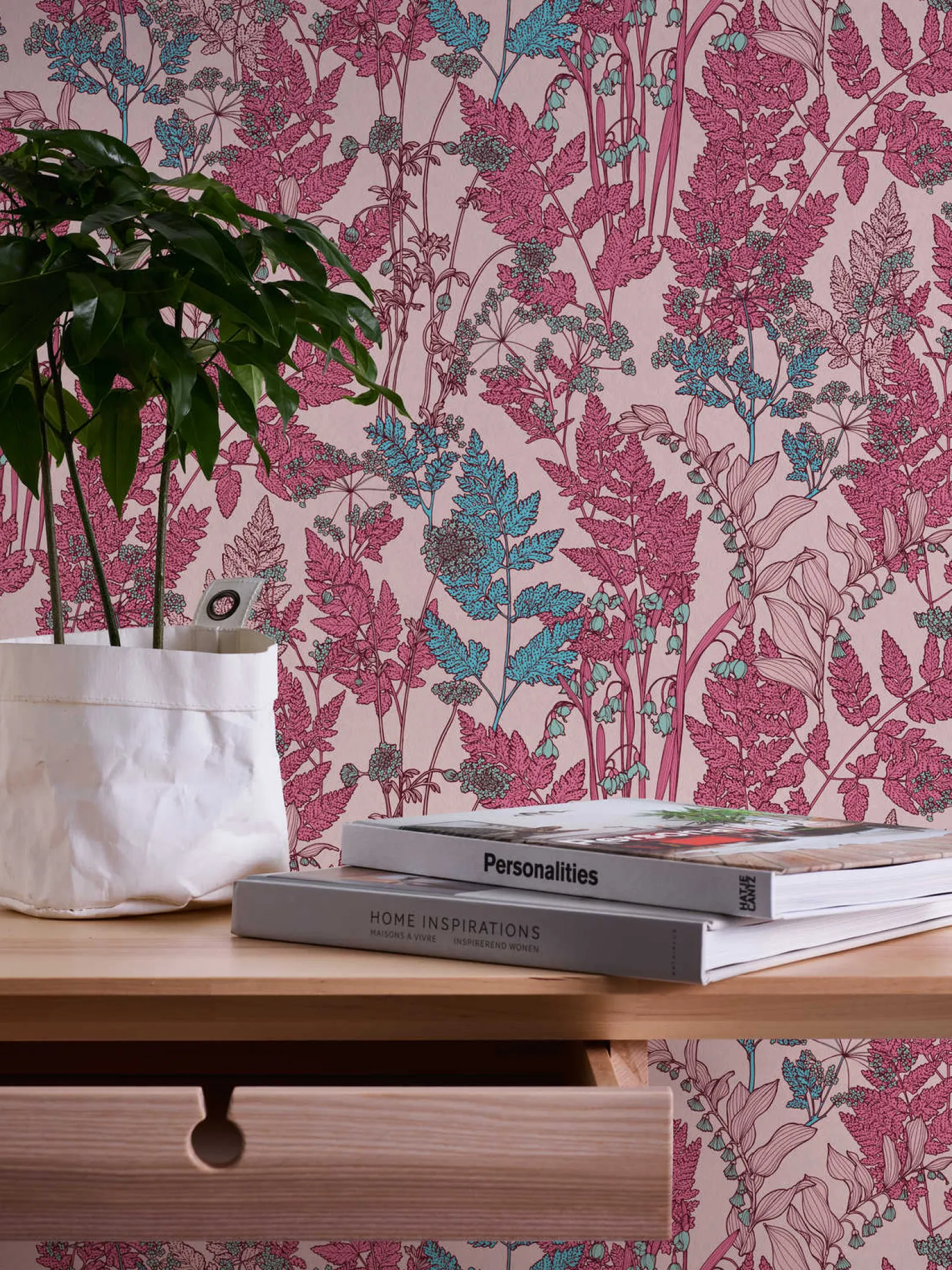 Vliestapete Floral Blätter rosa pink blau 37751-8