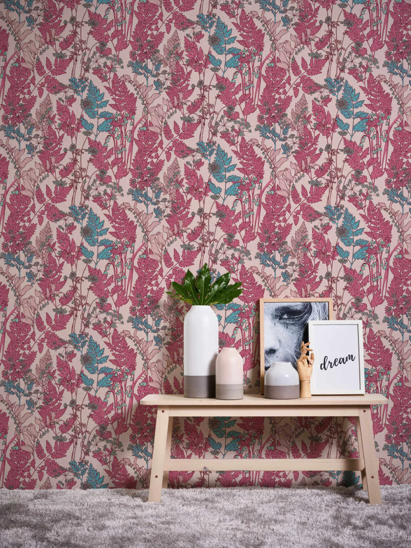 Vliestapete Floral Blätter rosa pink blau 37751-8