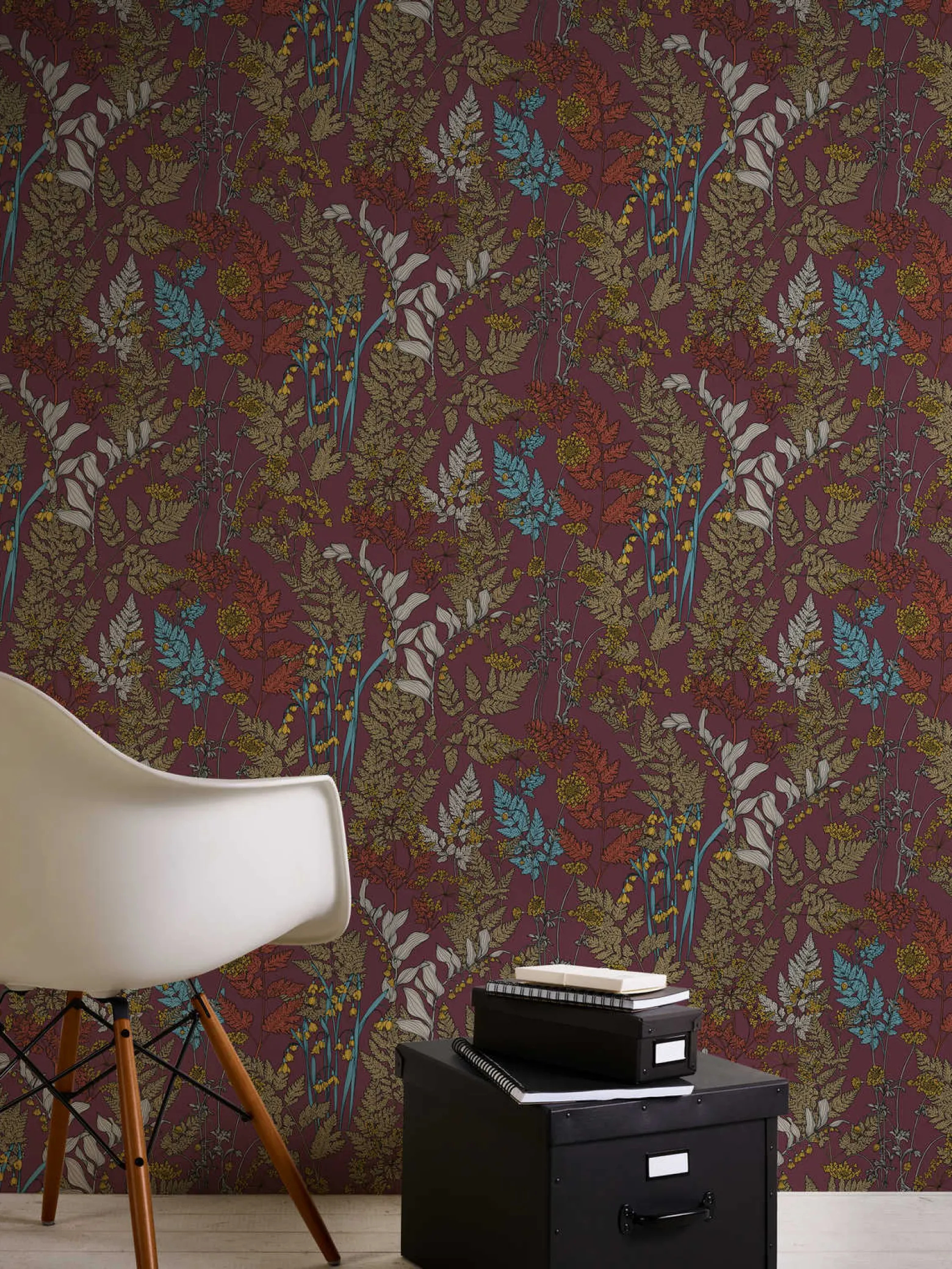 Vliestapete Floral Blätter rot gelb blau 37751-4