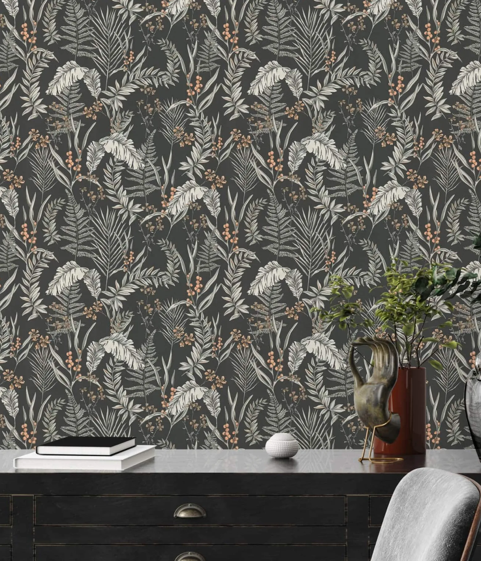 Vliestapete Floral Blätter Schwarz Creme 39434-1