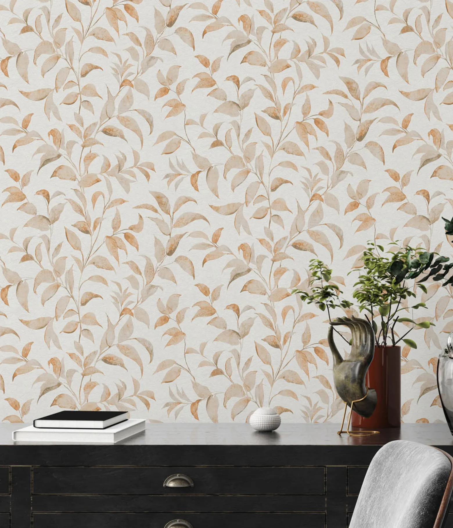 Vliestapete Floral Blätter Zweige Weiß Orange 38962-3