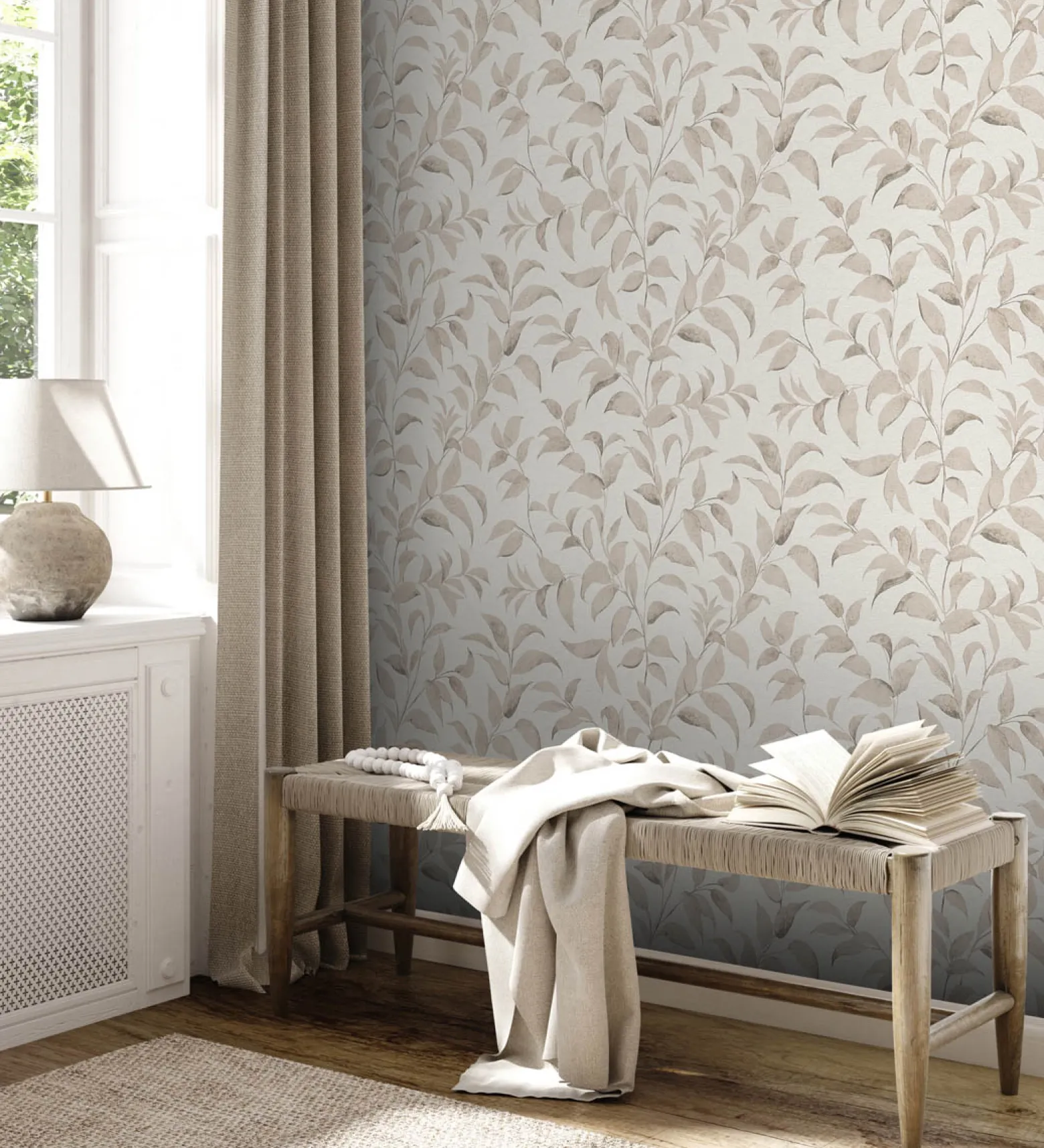 Vliestapete Floral Blätter Zweige Weiß Beige 38962-2