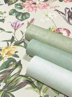 Vliestapete Floral Blumen Blätter Beige Grün Rosa 47461