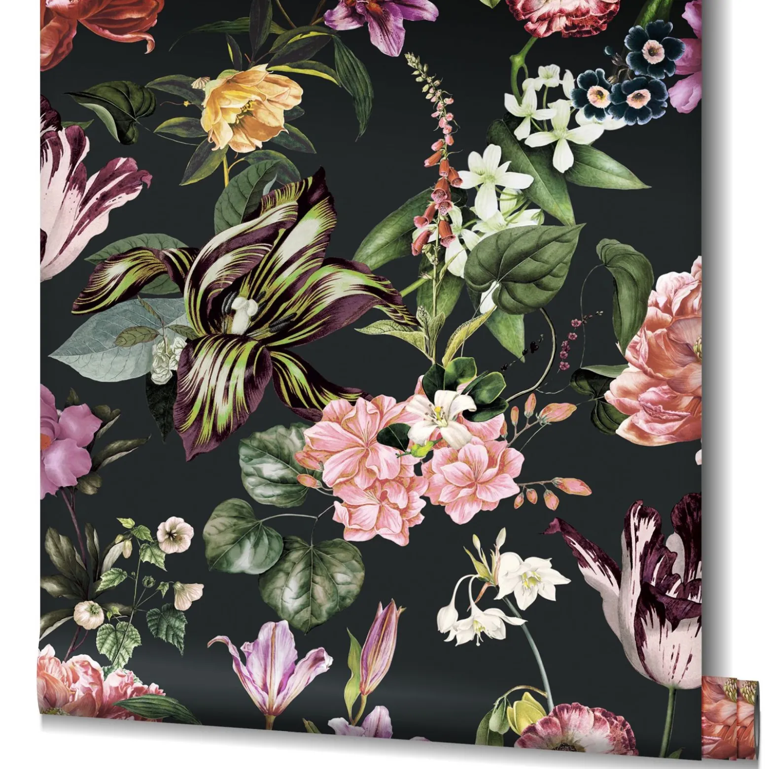 Vliestapete Floral Blumen Blätter Schwarz Rosa Grün 47460