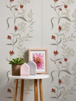 Vliestapete Floral Blumen Creme Rot Grau Glanz 95874-1
