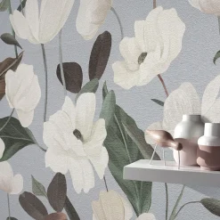 Vliestapete Floral Blumen Grau Grün Creme 10508-31