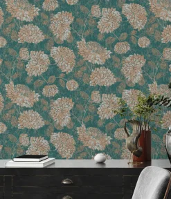 Vliestapete Floral Blumen Petrol Bronze Metallic 39025-4
