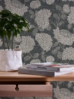 Vliestapete Floral Blumen Schwarz Creme Metallic 39025-3