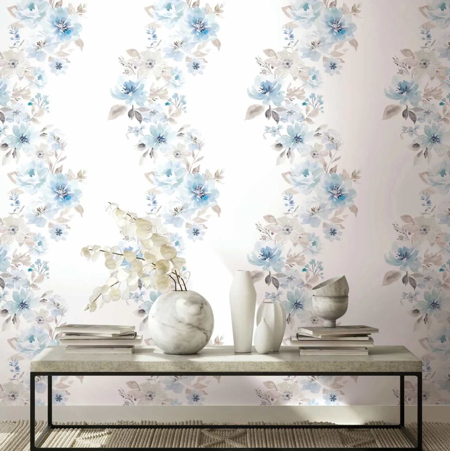 Vliestapete Floral Blumen Weiß Blau Grau 89012