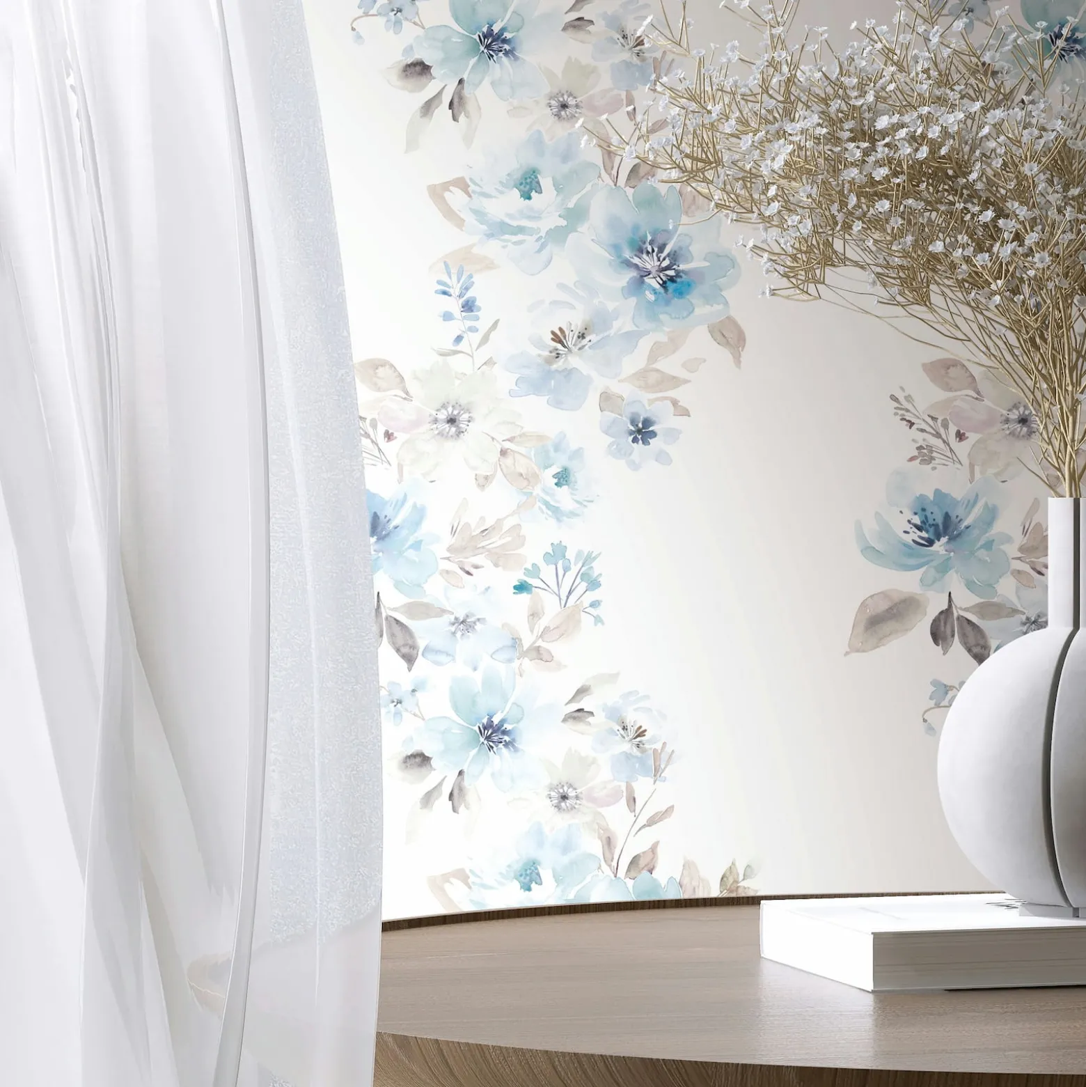 Vliestapete Floral Blumen Weiß Blau Grau 89012